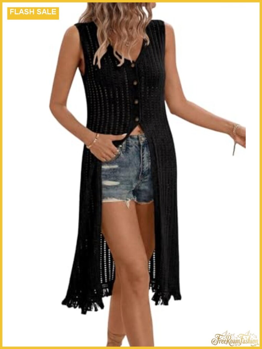 Women Crochet Knit Vest Dress Beach Swimsuit Cover Up Kimono Cardigan with